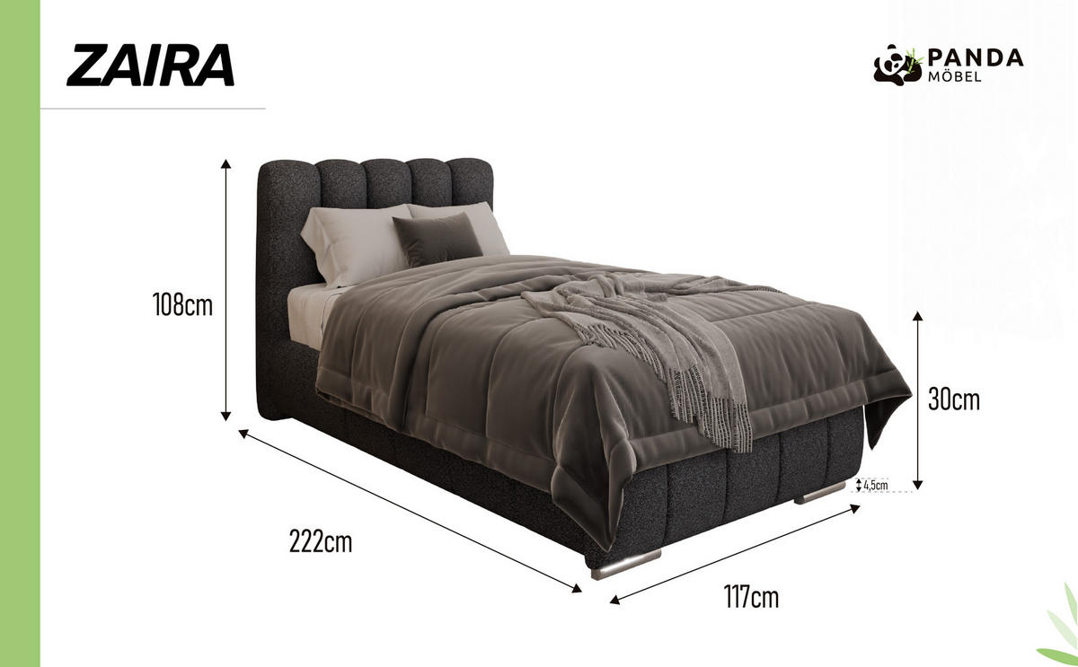POLSTERBETT Zaira 90x200cm – Elegantes Polsterbett für modernen Wohnstil , ZONIERTE MULTI-TASCHEN-FEDERKERN (24cm), Graphitfarben - Graphitfarben, Holz (90/200cm) - Panda Möbel