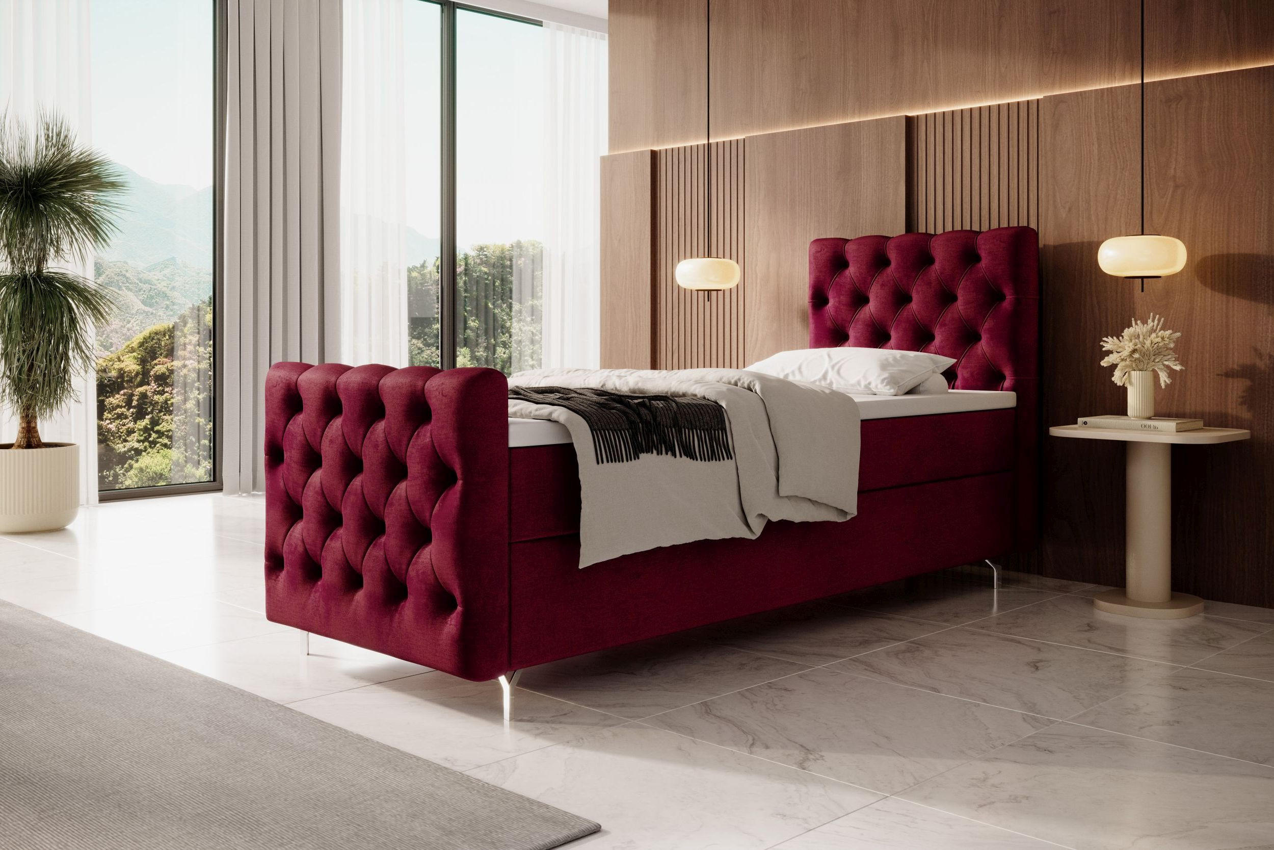BOXBETT CHESTER PLUS mit Matratze H3, Bonell und Topper 80x200 Monolith 59 Rechts - Rot, Textil (80/200cm) - Bedante