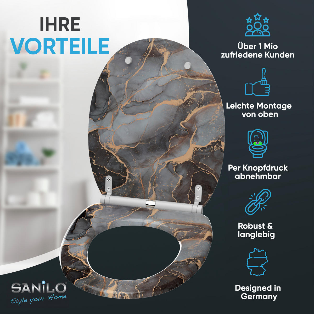 WC-SITZ mit Absenkautomatik & Top Fix Marmor Abstrakt - Grau, Holzwerkstoff (37.7/5.5/48cm) - Sanilo