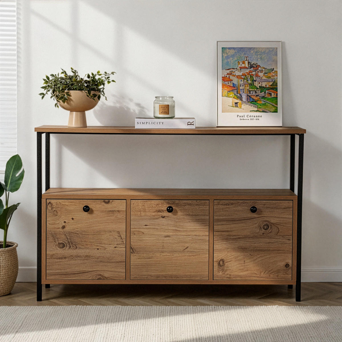 SIDEBOARD mit 3 Türen und 1 oberer Ablagefläche 120/29,5/77 cm - Schwarz/Kieferfarben, Holzwerkstoff (29.5/77/120cm) - Calicosy