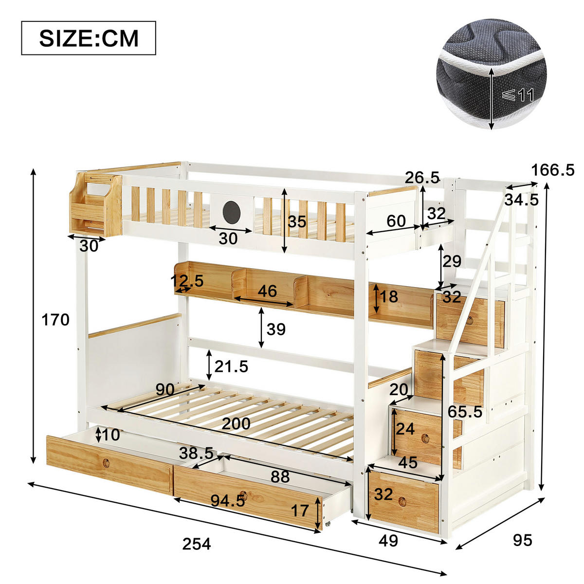 ETAGENBETT Etagenbett mit Treppe Weiß/Natur - Naturfarben, Holz (90/200cm) - ComfortXL