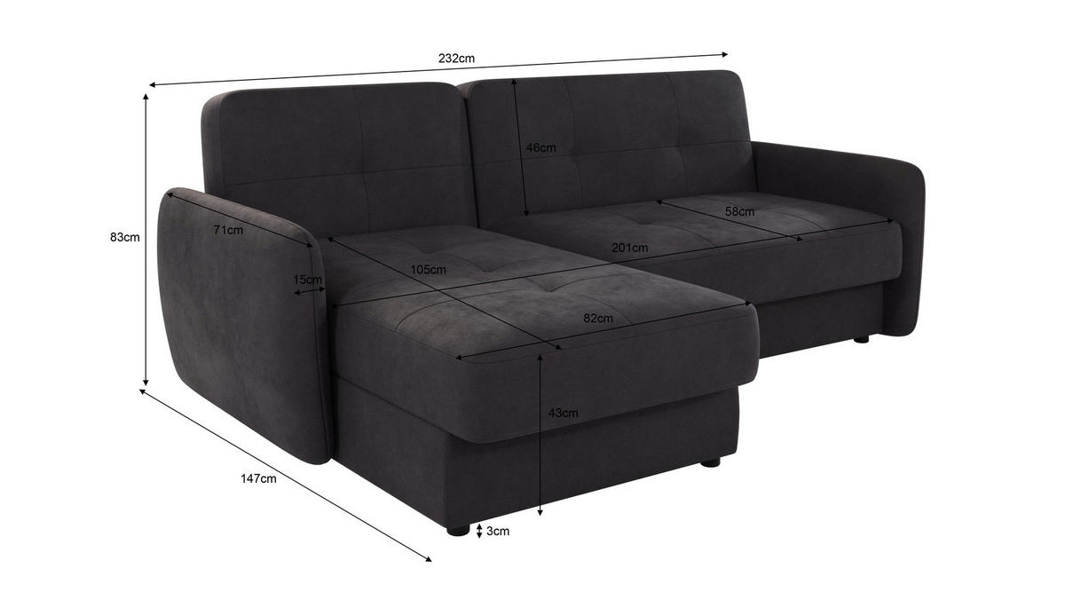 ECKSOFA Lupo Graphit Mikrofaser - Graphitfarben/Schwarz, Holz/Kunststoff (232/147cm) - S-Style Möbel