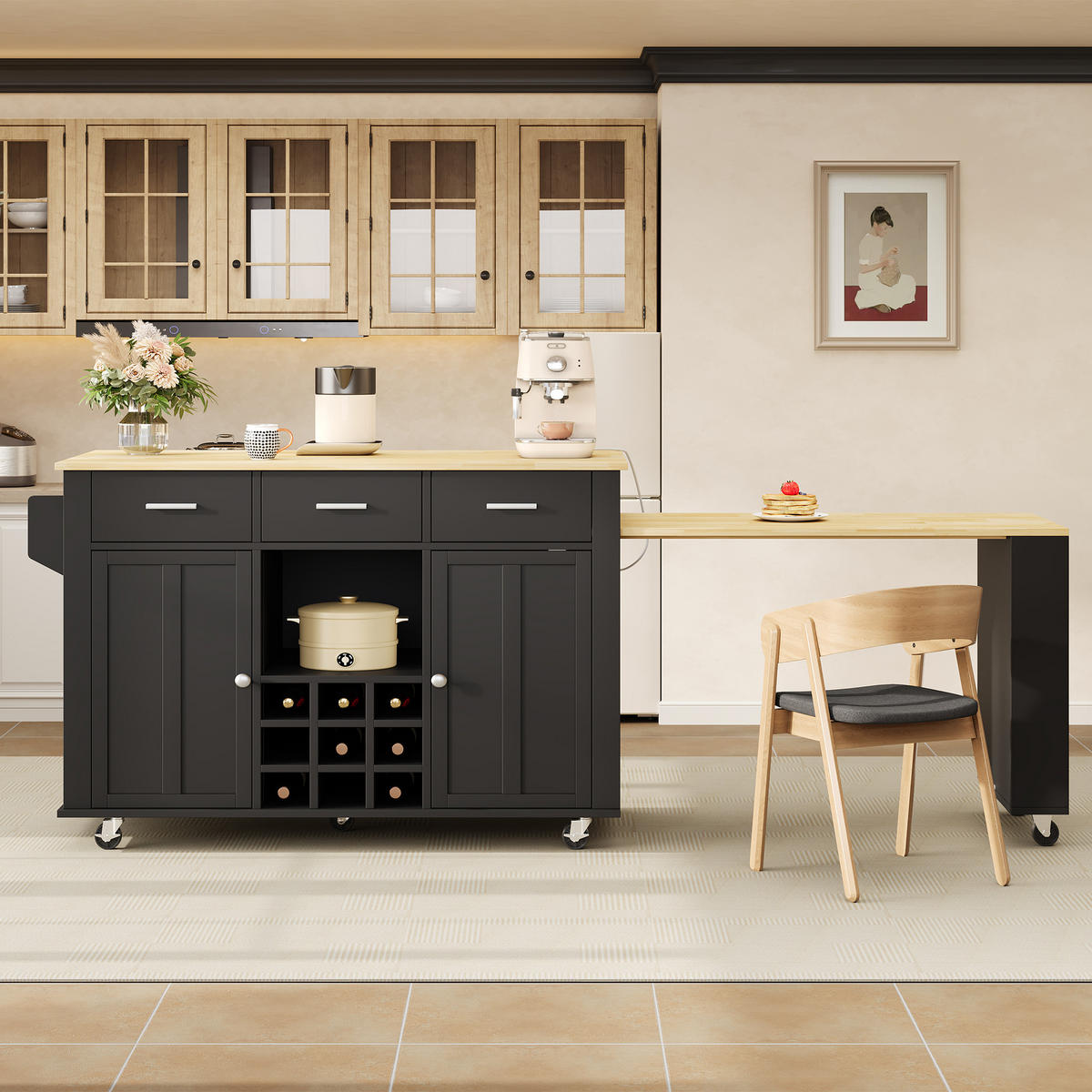 KÜCHENINSEL 93 cm MDF Schwarz Natur mit Ausziehbarer Arbeitsplatte und Weinregal - Schwarz, Holzwerkstoff (50/93/136cm) - Korfee