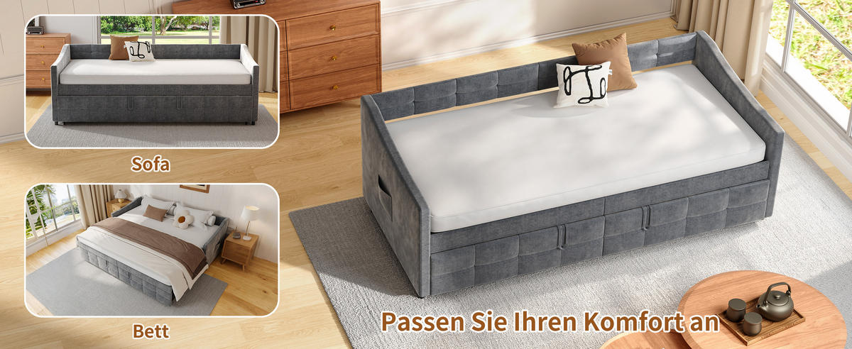 SCHLAFSOFA 90x200cm grau samt hydraulik seittaschen - Grau, Holzwerkstoff (90/200cm) - SHOPENTRA