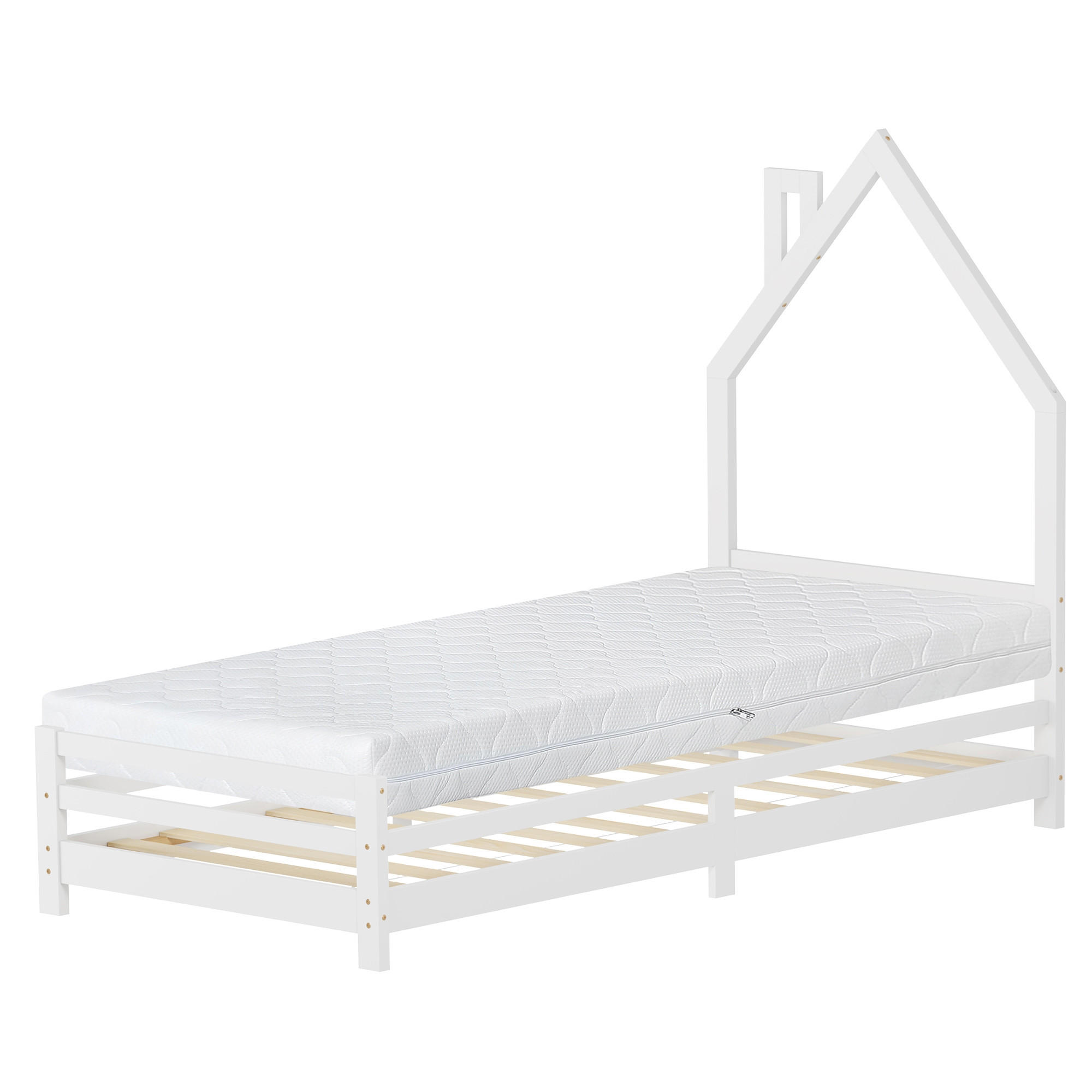 ML-DESIGN DĚTSKÁ postýlka Dům 90x200 cm s matrací, bílá, borovicové dřevo