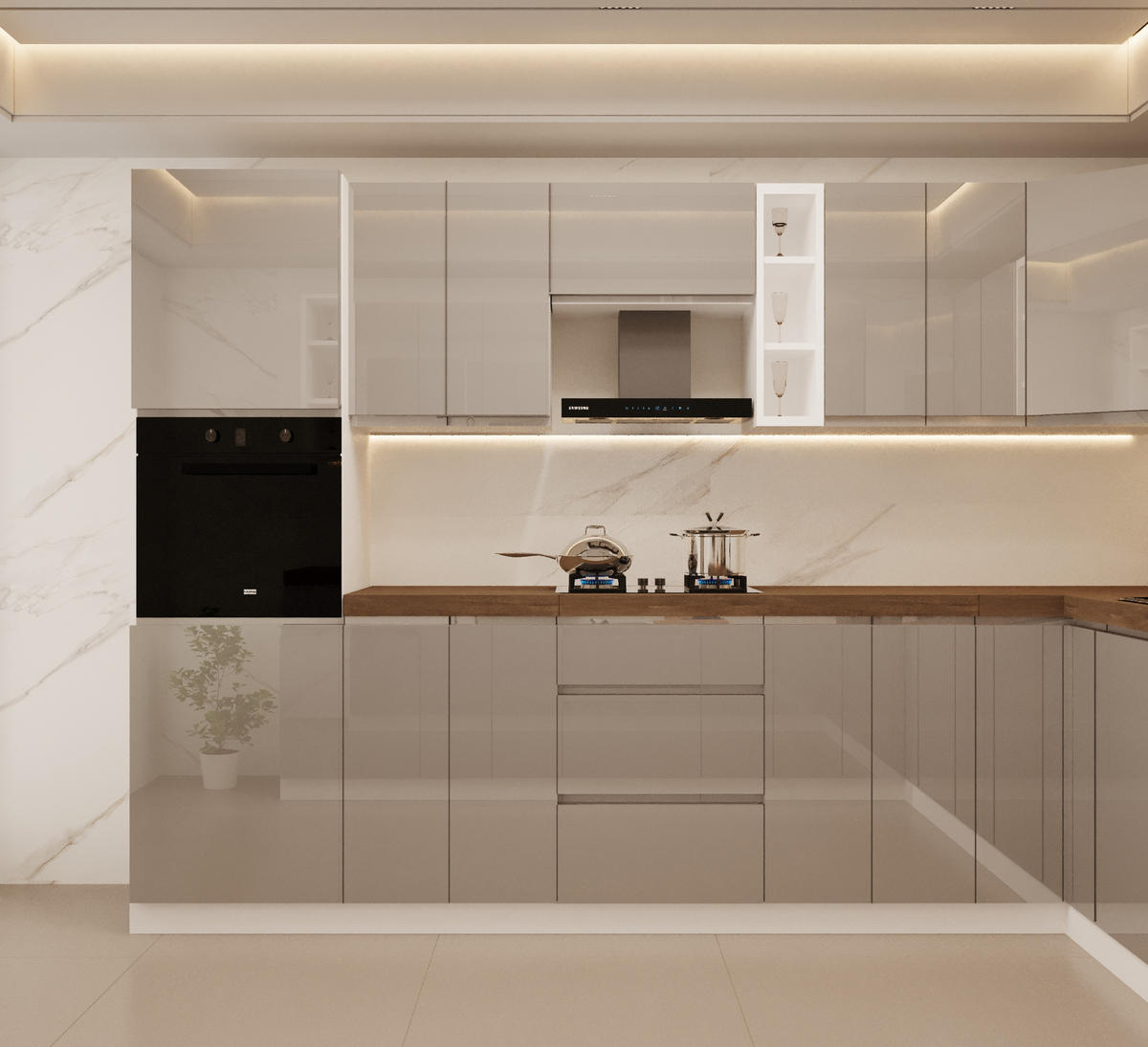 WINKELKÜCHE 320 cm x 200 x 320 cm - Aspen KA19-M320 - in Grau/Hochglanz - Grau, Holz (860/212/58cm)