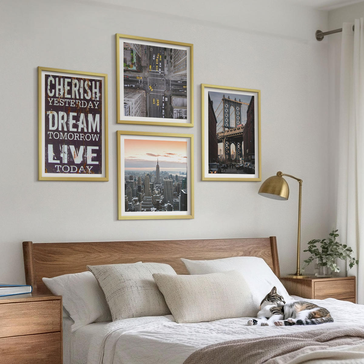 WANDBILDER 4er Set - 50x50 cm & 40x60 cm Goldrahmen - Zitat über New Yorker Landschaften - Goldfarben, Kunststoff (50/50cm) - ArtPrintCave