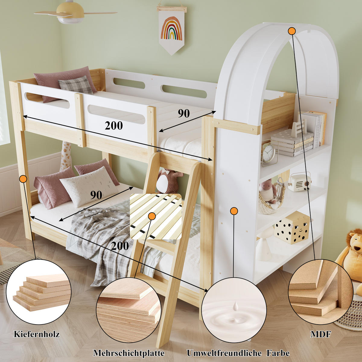 HAUSBETT 90/200 cm Weiß/Natur mit Regal und Bettgitter - Naturfarben, Holzwerkstoff (90/200cm) - Flora Grace
