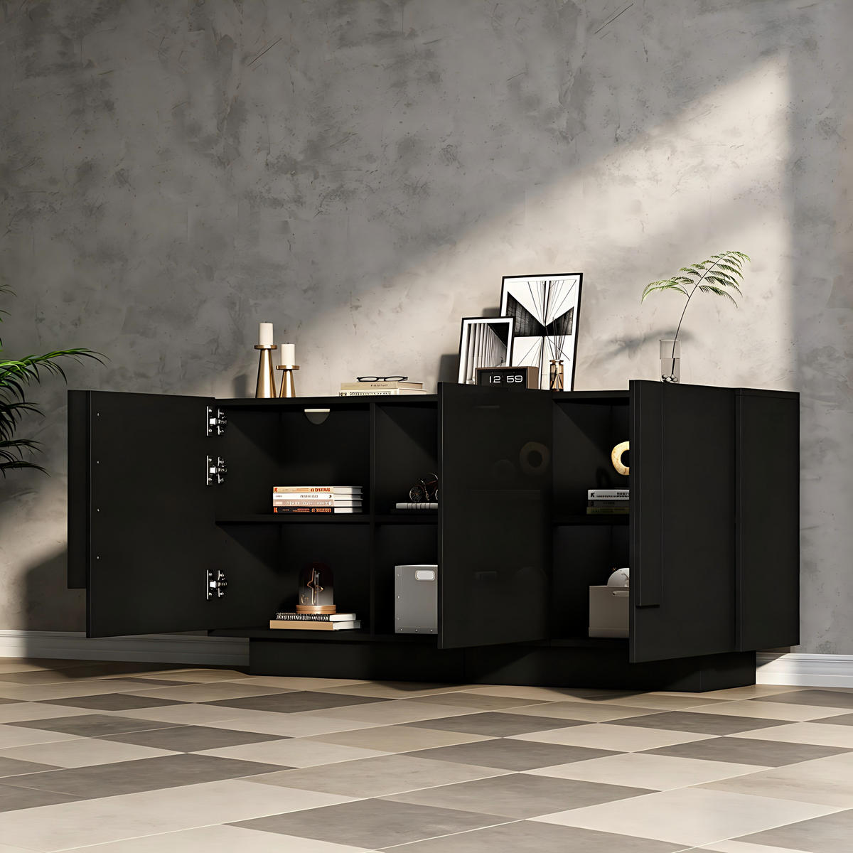 SIDEBOARD Schwarz Hochglanz 3 Türen 160cm 6 Fächer modern - Schwarz, Holzwerkstoff (35/60/160cm) - FLIEKS