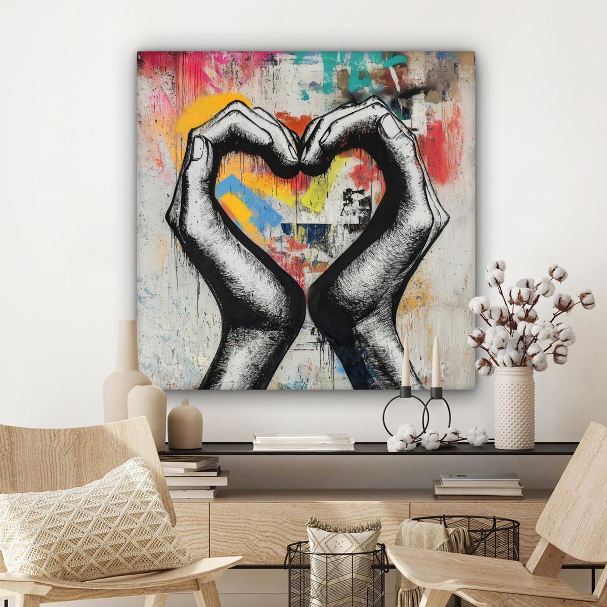 LEINWANDBILD - Hände - Herz - Straßenkunst - Graffiti - 90x90 - Gemälde - Multicolor, Textil (90/90cm) - MuchoWow