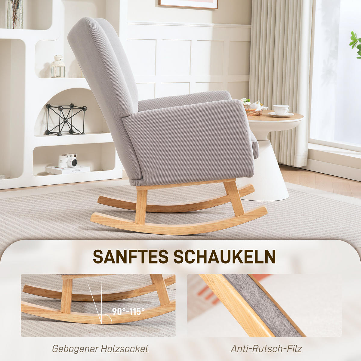 SCHAUKELSTUHL Schaukelsessel mit hoher Rückenlehne, Cord-Optik für Wohnzimmer - Hellgrau, Kunststoff (72/100/97cm) - HOMCOM