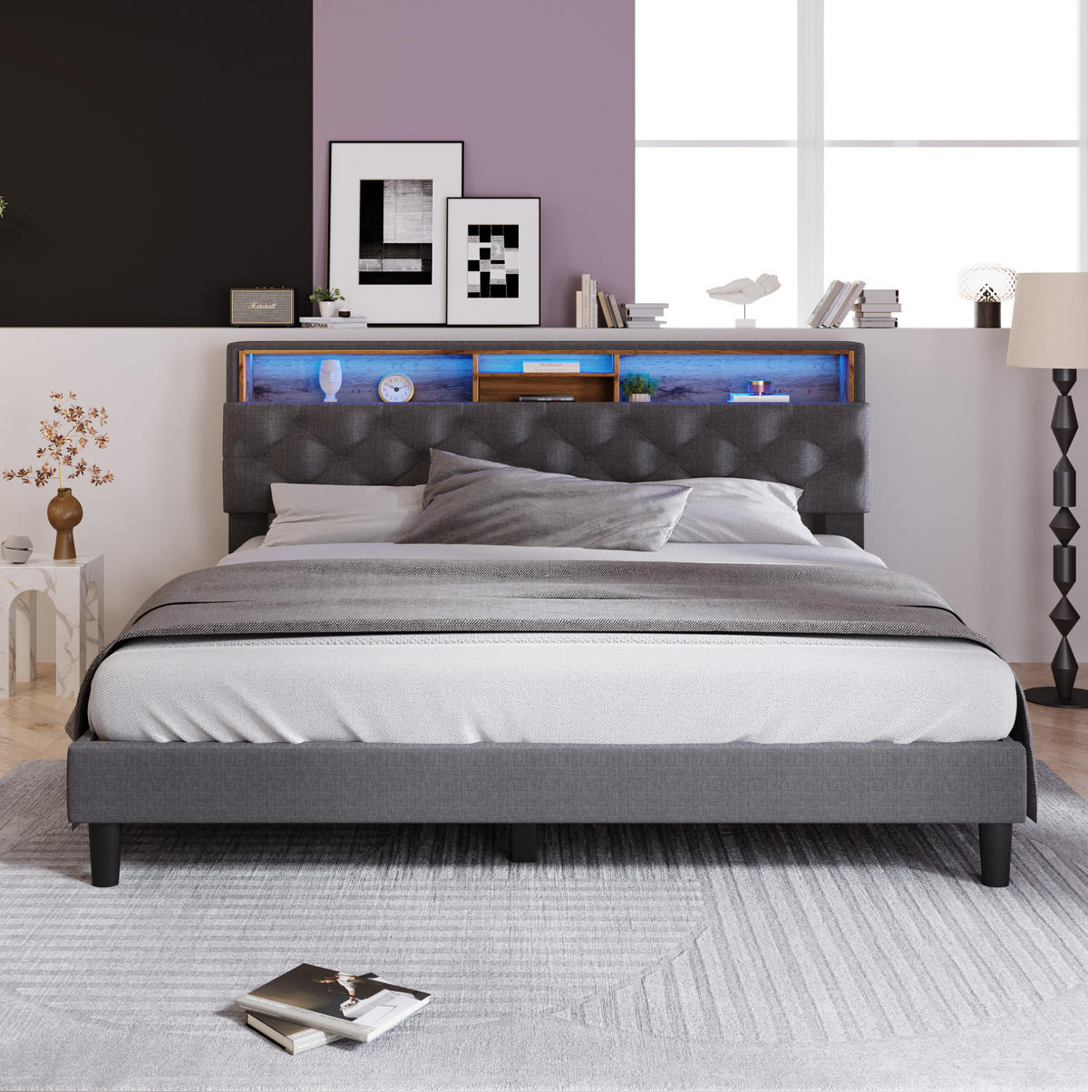 ČALÚNENÁ posteľ 140/200 cm sivá z masívu s LED a úložným čelom - sivá, drevo (140/200cm) - BEAOK