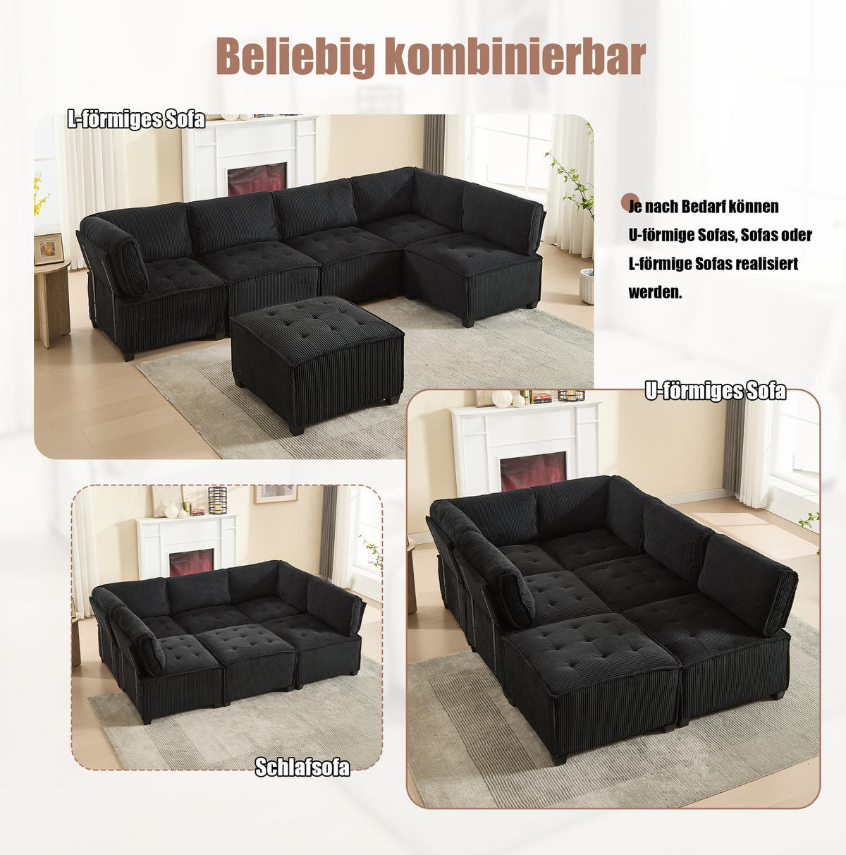 WOHNLANDSCHAFT 308/154/82 cm in Schwarz aus Cord, modular und als SchlafWohnlandschaft nutzbar - Schwarz, Textil (154/82/308cm) - Flora Grace