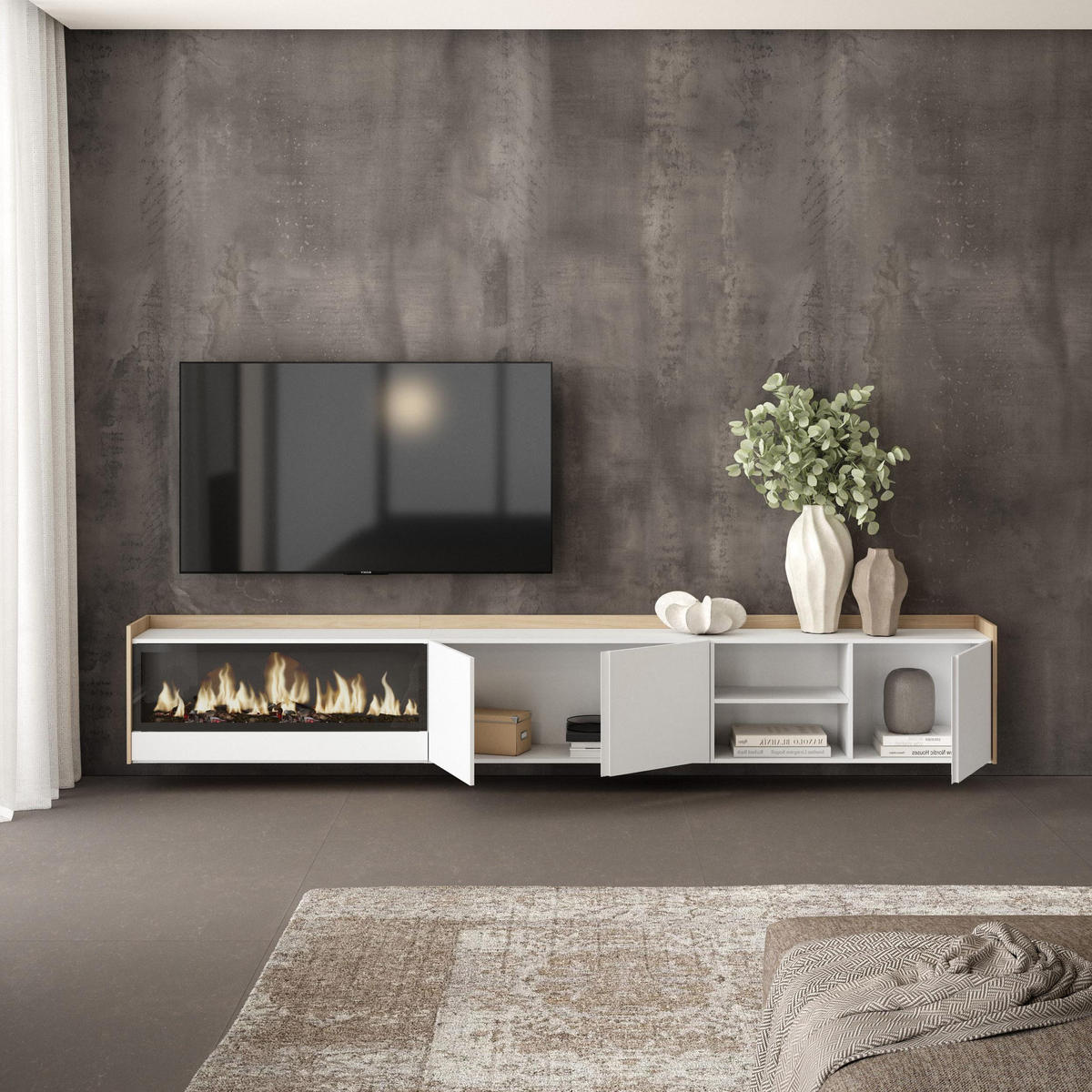 LOWBOARD, Weiß und Eiche, 315/35/50cm, Kamin mit Feuereffekt XXL - Weiß, Holzwerkstoff (315/50/35cm) - Skraut Home