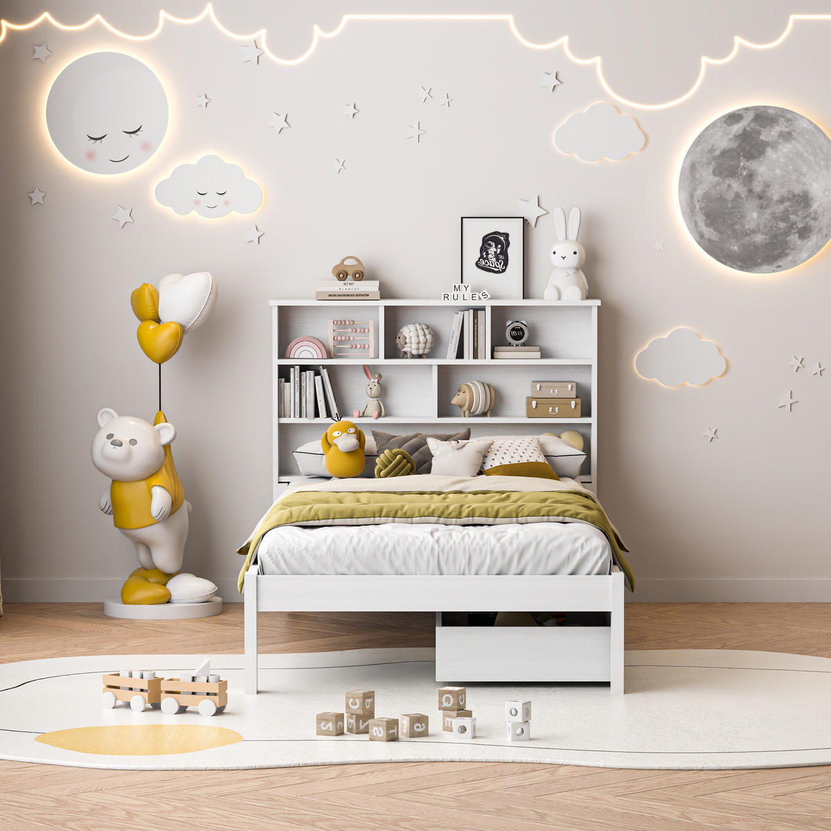 KINDERBETT 90x200 cm, mit 2 Schubladen, Tafel & Lattenrost, Weiß - Weiß, Holz