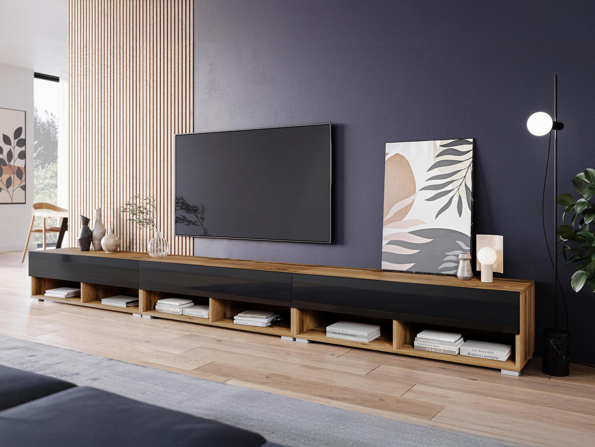 TV-LOWBOARD A300 - Schwarz Hochglanz/Eiche Wotan, Holzwerkstoff (300/32/33cm) - MIRJAN24