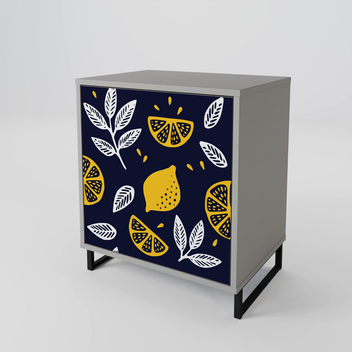 SIDEBOARD CITRUS BLACK AND WHITE, Grau, 57,5x42x70,5 cm, Schwarze Metall-Sternfüße - Multicolor/Schwarz, Holzwerkstoff/Metall (57.5/70.5/42cm) - SpaceRebels