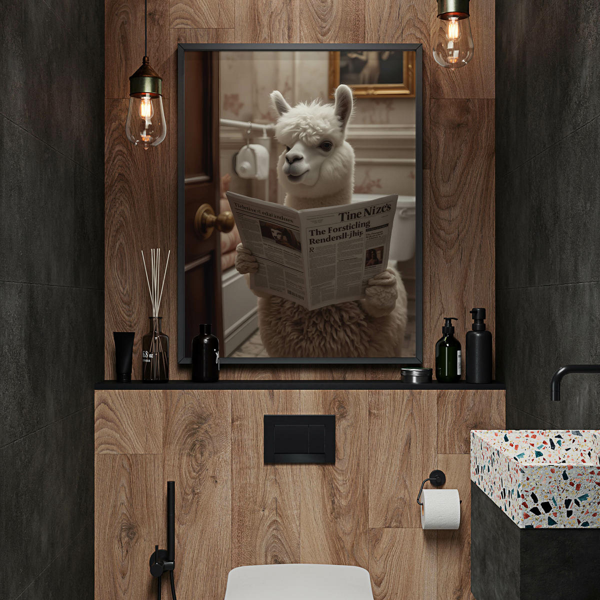POSTER für WC Badezimmer ALPAKA mit Zeitung auf Toilette Abstraktion 50x70cm - Beige/Schwarz, Papier (50/70/70cm) - Muralo