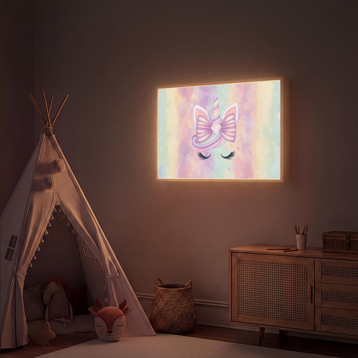 DOBÍJECÍ NOČNÍ LAMPIČKA Jednorožec - Třpytky - Duha - Pastelové barvy 100x70 cm - světle růžová, kompozitní dřevo (8/100/70cm) - OnlyWow