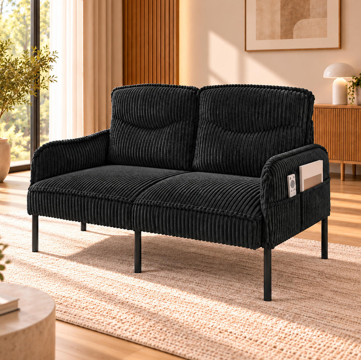2-SITZER Sofa 122/73/83 cm Cordstoff mit Seitentaschen und Metallbeinen Schwarz - Schwarz, Textil/Metall (73/83/122cm) - Redom