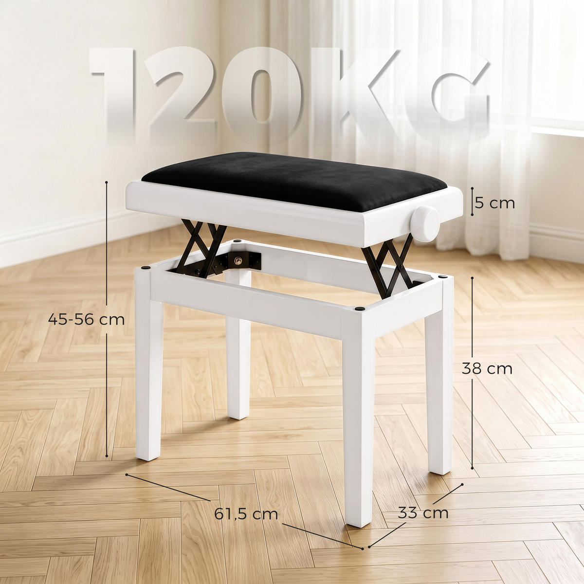 KLAVIERBANK Polyester Weiß - Schwarz/Weiß, Holz/Textil (33/56/61.5cm) - HOMCOM