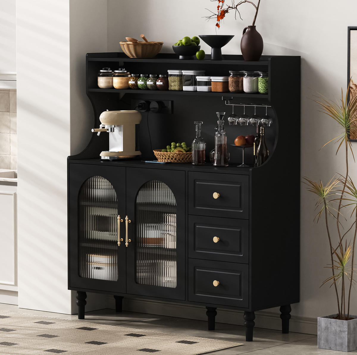BUFFETSCHRANK 120/40/138,5 cm mit Steckdose, USB- und Typ-C-Anschluss, Gläserhalter und 3 Schubladen aus MDF, Schwarz - Schwarz, Holzwerkstoff (120/138.5/40cm) - Redom