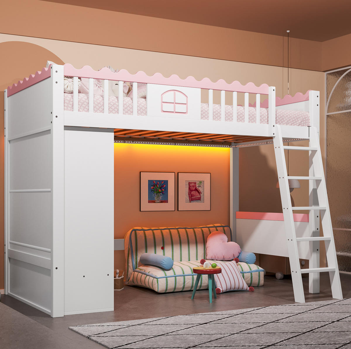 HOCHBETT aus Kiefer und MDF 90x200 cm Weiß mit LED, Kleiderschrank und Schublade, EN747-zertifiziert - Weiß, Holzwerkstoff (90/200cm) - Modfu