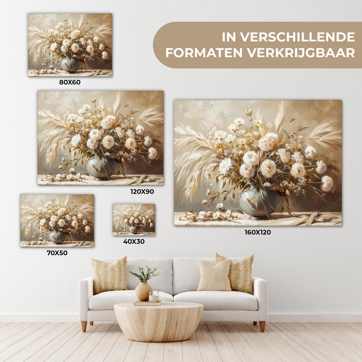 LEINWANDBILD Blumen - Vase - Stilleben - Beige Wandbilder 80x60 cm - Creme, Textil (80/60cm) - MuchoWow
