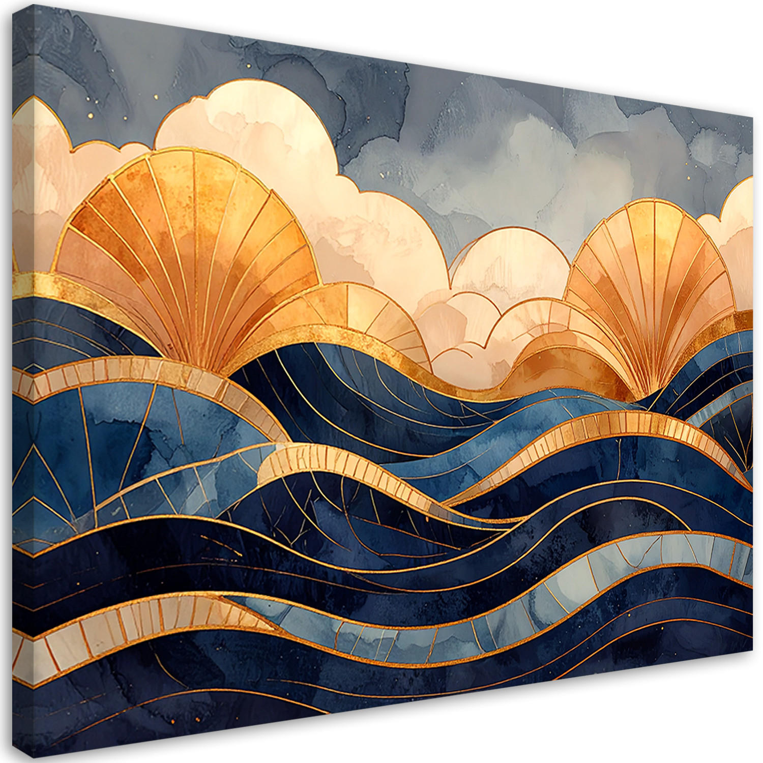 LEINWANDBILDER, Abstrakte Wellen in Marineblau und Gold - Blau, Textil (30/20cm) - Feeby