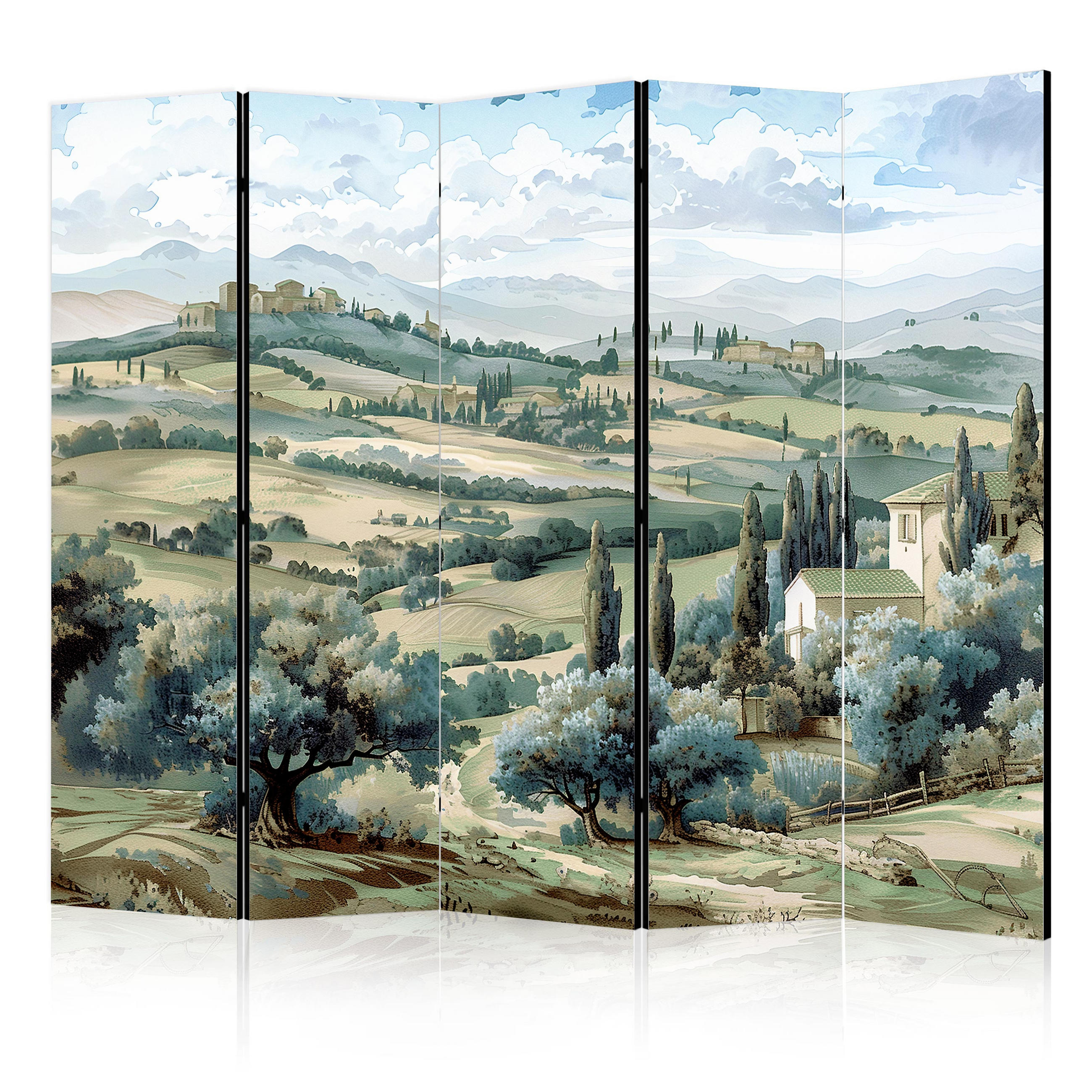 PARAVÁN Akustický 5-Dielny 225x172 cm Toskánska Krajina - zelená, drevo/textil (225/172/3cm) - Muralo