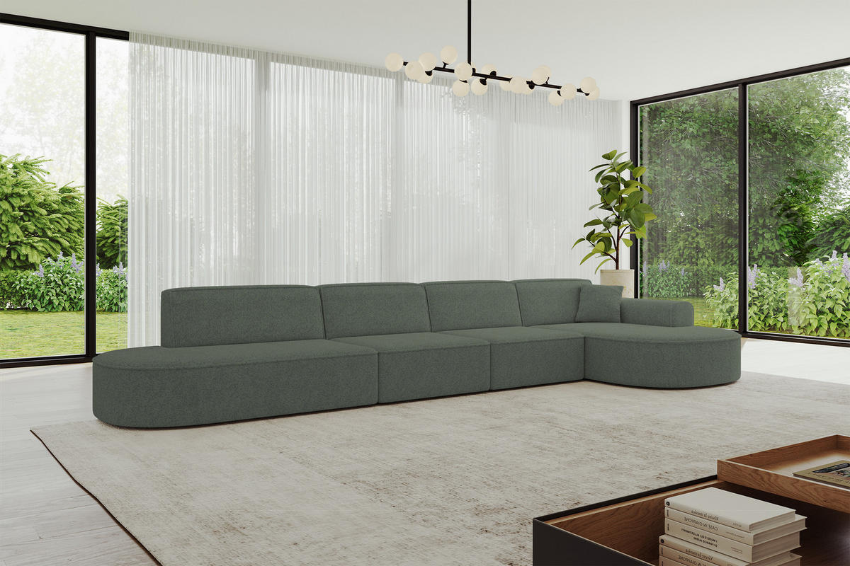 ECKSOFA Ottomane Rechts MARI-L3 - 413x171x79 cm Grün Tissu - Schwarz/Grün, Holzwerkstoff/Kunststoff (171/413cm) - ALTDECOR