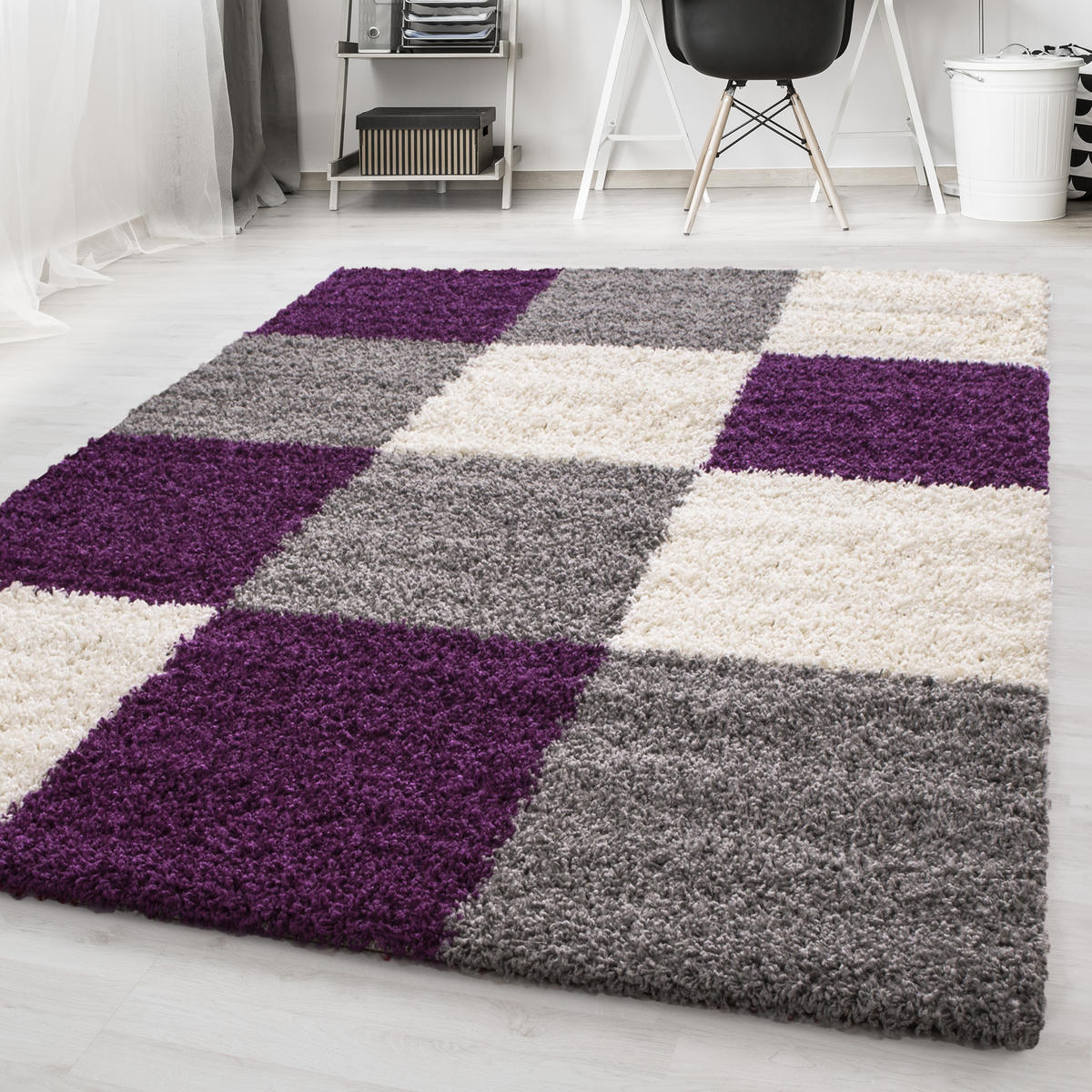 TEPPICH Hochflor Karo Polypropylen Wohnzimmer Shaggy Violett Rechteckig 120x170 - Lila, Textil (120/170cm) - KADIMA DESIGN