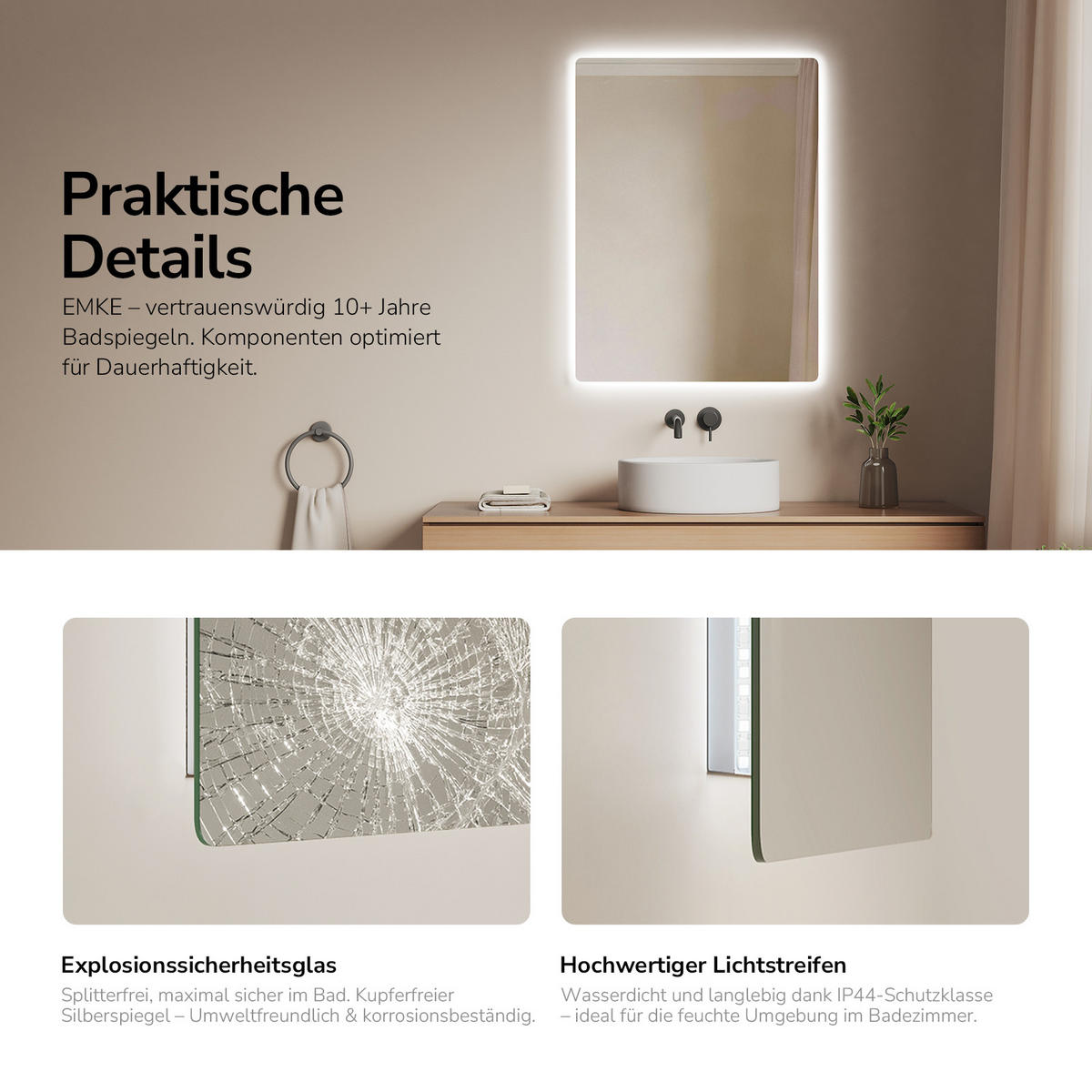 BADSPIEGEL mit Power-Off-Memory-Funktion Beleuchtung Rechteckig 80/60 cm - Weiß, Glas (60/3/80cm) - EMKE
