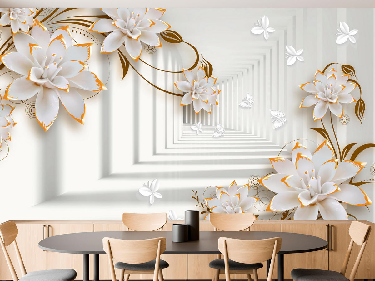 FOTOTAPETE für Wohnzimmer Abstrakter Blumen Tunnel Schmetterlinge 500x350 - Beige/Orange, Papier (500/350cm) - Muralo