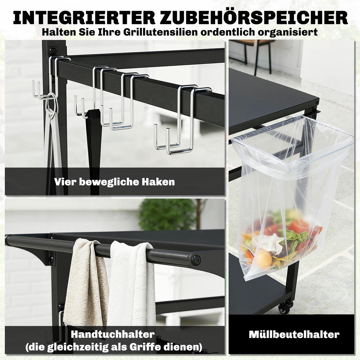 GRILLWAGEN Metall Schwarz - Schwarz, Metall (50.5/88/113cm) - Outsunny