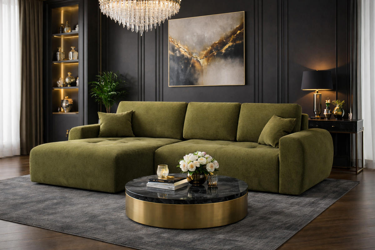 ECKSOFA Mit Schlaffunktion Und Bettkasten L-Form Ivo L, Veloursstoff Salvador, Olive, Links - Olivgrün, Holz (250/142cm) - Kaiser Möbel