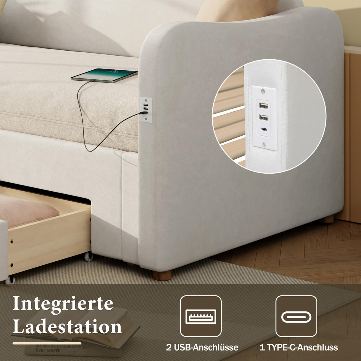 ČALOUNĚNÁ postel 90/200 cm, rozkládací na 180/200 cm, 2 zásuvky, USB a USB-C, samet, Béžová - béžová, textil (90/200cm) - Redom