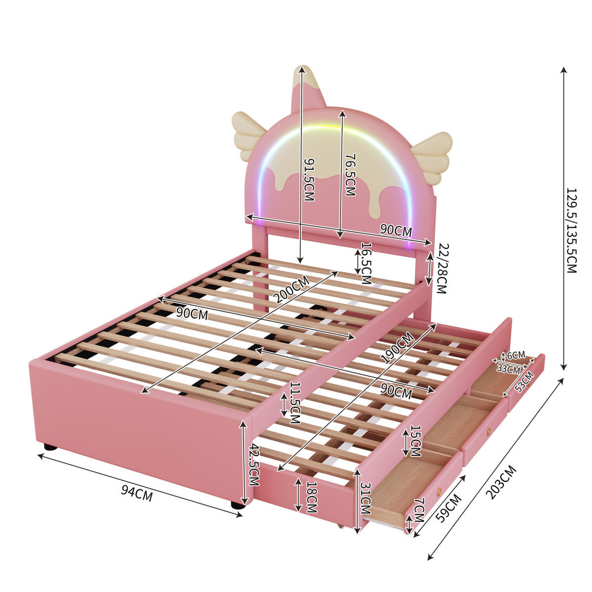 KINDERBETT 90/200 cm mit ausziehbarem Rollbett und Schubladen, Einhorn-Design aus PU und MDF, Rosa - Rosa, Kunststoff (90/200cm) - Redom