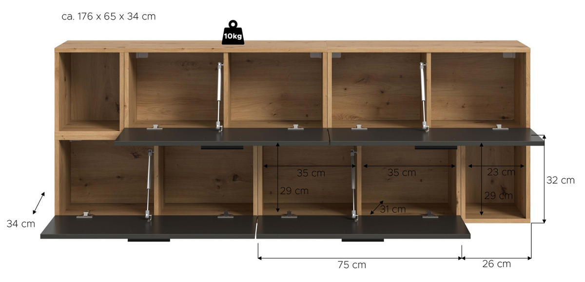 SIDEBOARD grau, Eiche Artisan 176 cm, Kommode hängend / stehend - Schwarz/Eiche Artisan, Holzwerkstoff/Kunststoff (176/65/34cm) - Inn.Furn