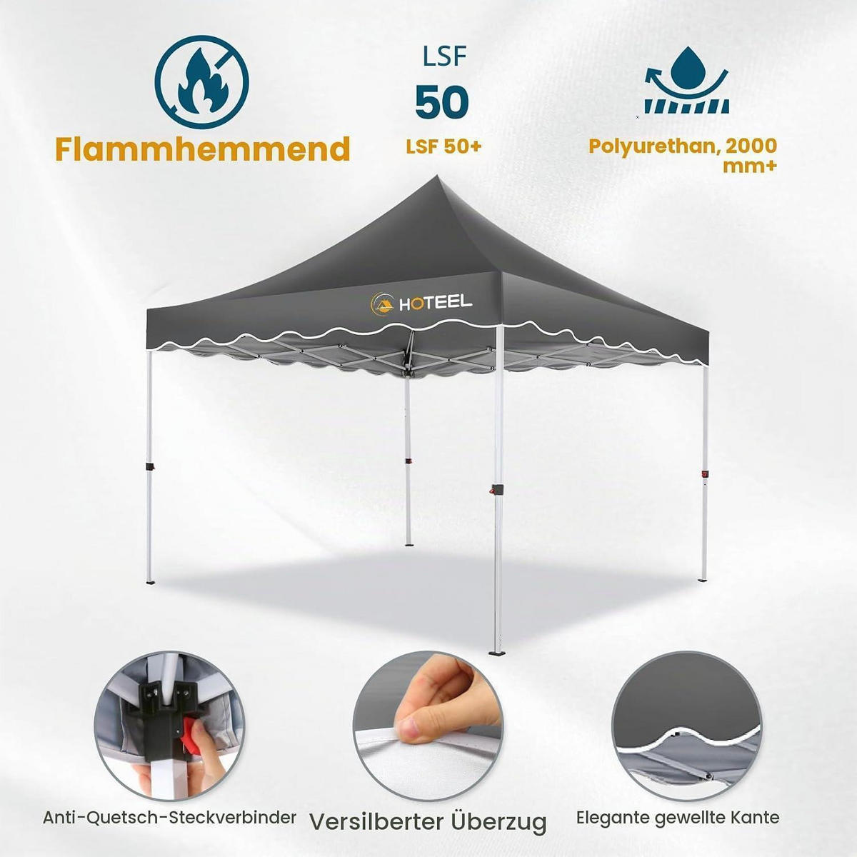 FALTPAVILLON 3x3m Grau mit 4 Seitenwänden Wasserdicht UV Schutz 50+ - Grau, Textil (22/26/118cm)