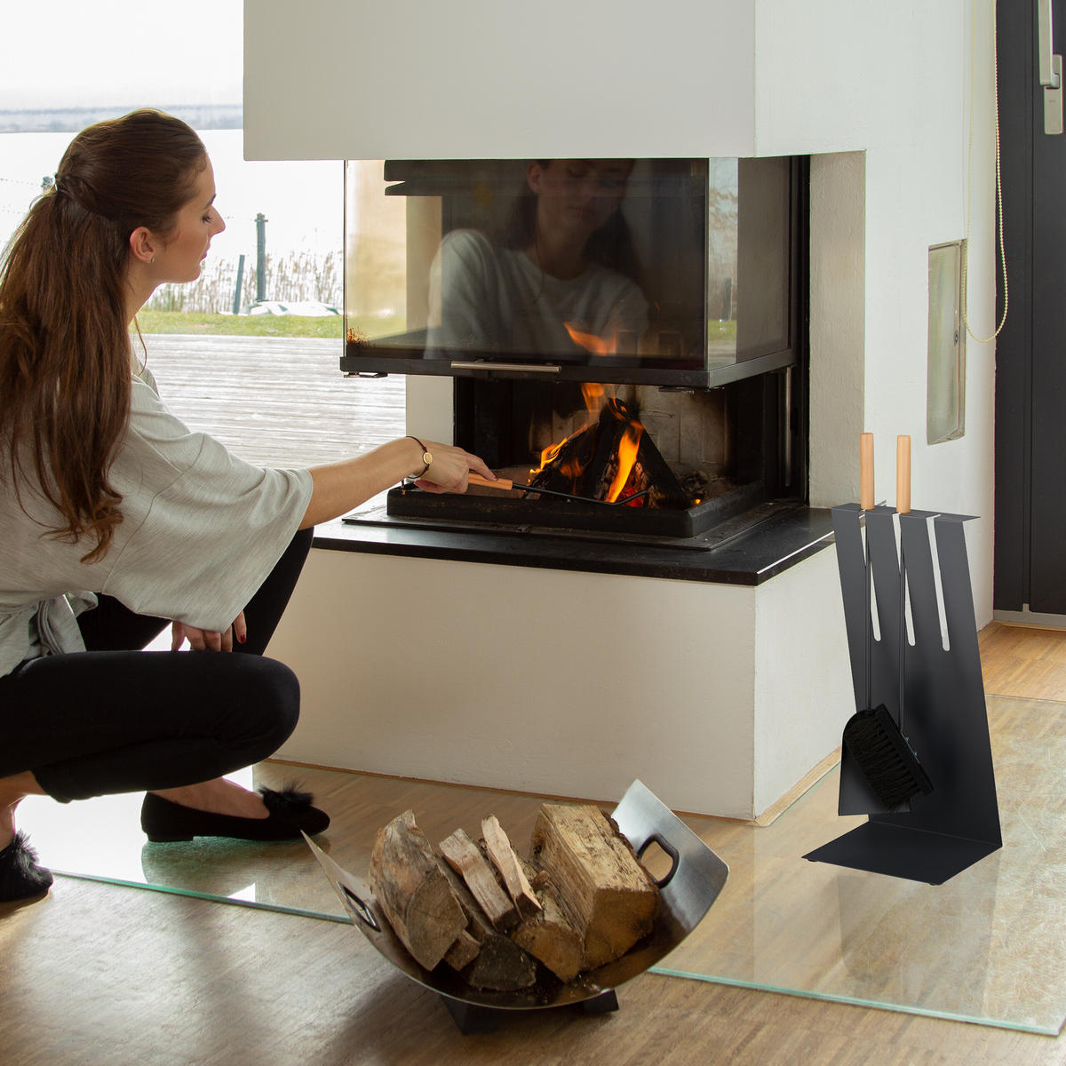 KAMINBESTECK-SET 4-tlg. - Grau, Holz/Metall (23/59/18.5cm) - Relaxdays