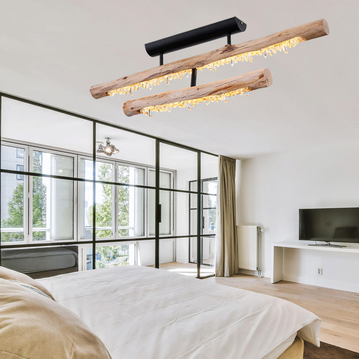 LED DECKENLEUCHTE Felicitas Schwarz Kristalloptik - Schwarz, Holz (100/8/30cm) - Globo Lighting