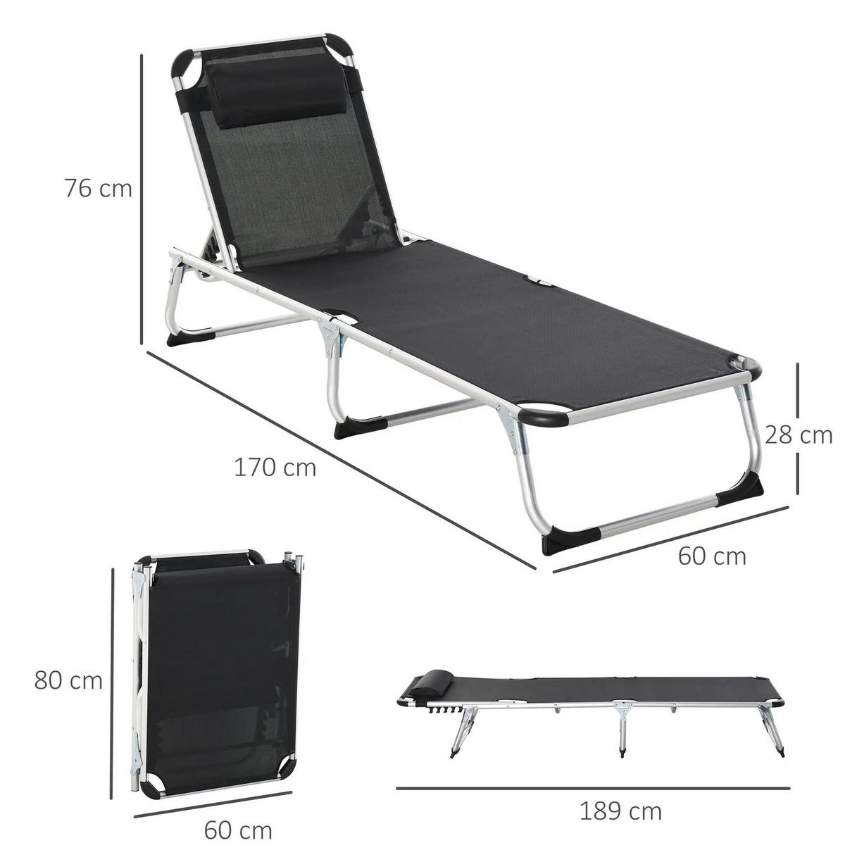 SONNENLIEGE aus Aluminium 165x60x76 cm in Schwarz mit 4-fach verstellbarer Rückenlehne - Schwarz, Metall (60/76/165cm) - Modfu