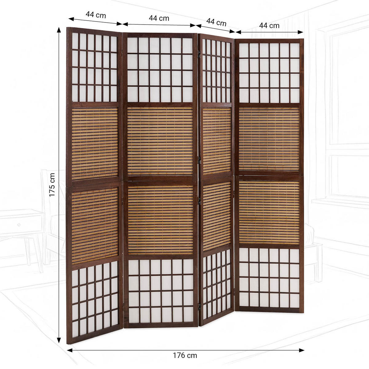 PARAVENT 4-tlg. 176/175 cm Braun Bambuslamellen - Braun, Holz (176/175/2cm) - Homestyle4u