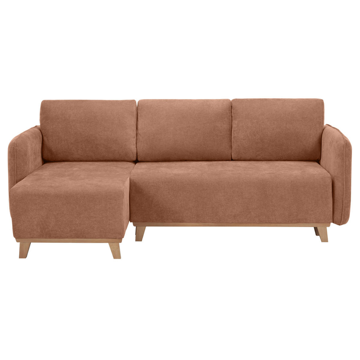 SCHLAF-ECKSOFA Terracottafarbener Stoff Velours-Effekt Helles Holz 3-4 Sitzer ROMANE - Terracotta, Textil (148/231cm) - Miliboo
