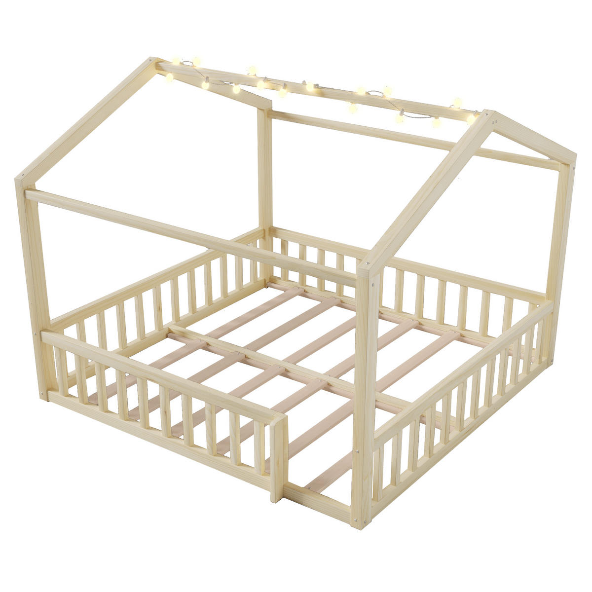 KINDERBETT 90/190 cm & 180/190 cm in Natur mit LED und Gitter Kiefernholz Hausbett - Naturfarben, Holzwerkstoff (90/190cm) - STILVORA