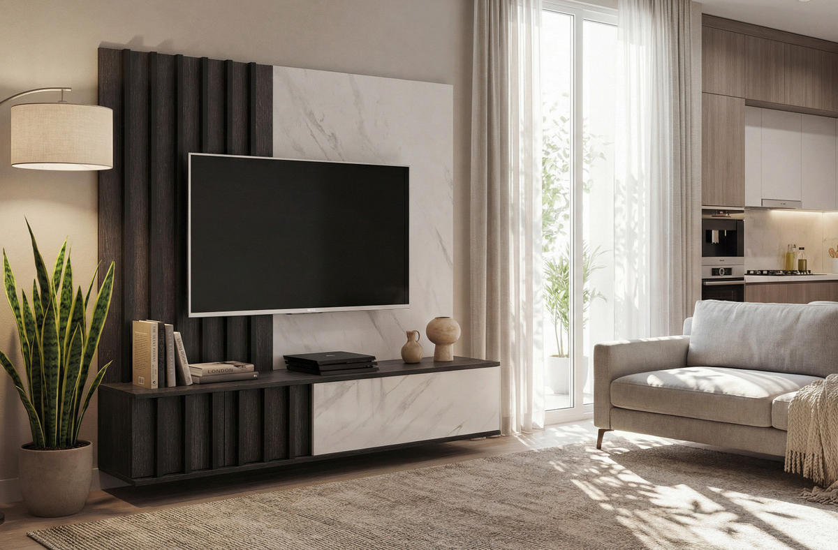 TV-LOWBOARD Graphit Eiche, Marmor weiß 160 cm hängend, TV Unterschrank Set mit Wandpaneel - Graphitfarben/Weiß, Holzwerkstoff (160/148/35cm) - Inn.Furn