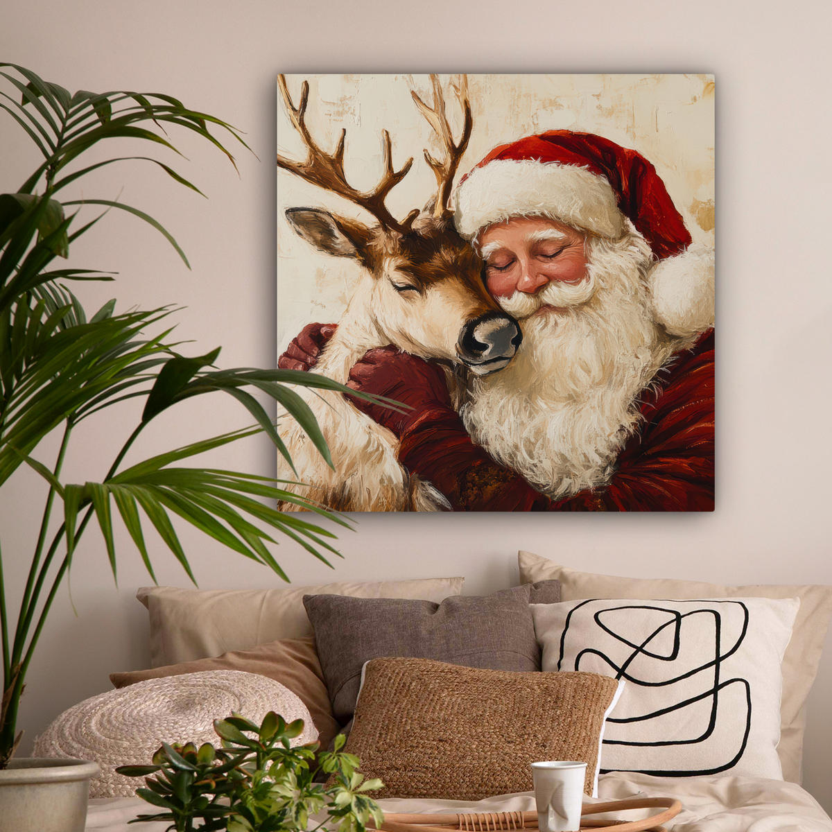LEINWANDBILD Weihnachtsmann - Rentier - Weihnachten Deko Groß 90x90 cm - Rotbraun, Textil (90/90cm) - MuchoWow