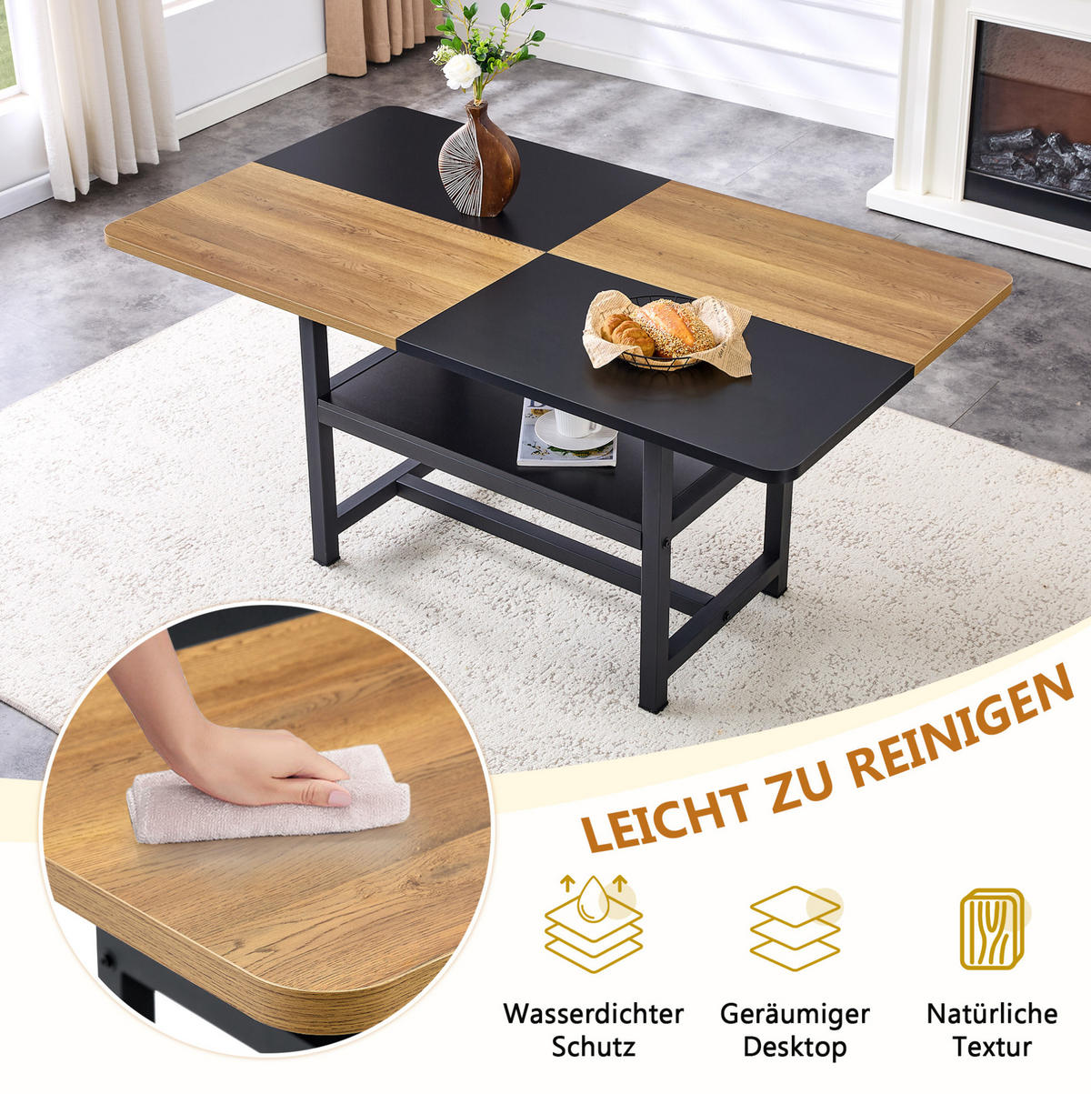 ESSTISCH 160/76/90 cm Schwarz/Braun aus MDF und Metall mit Ablagefach - Schwarz, Holzwerkstoff (160/90/76cm) - OKMYHOME