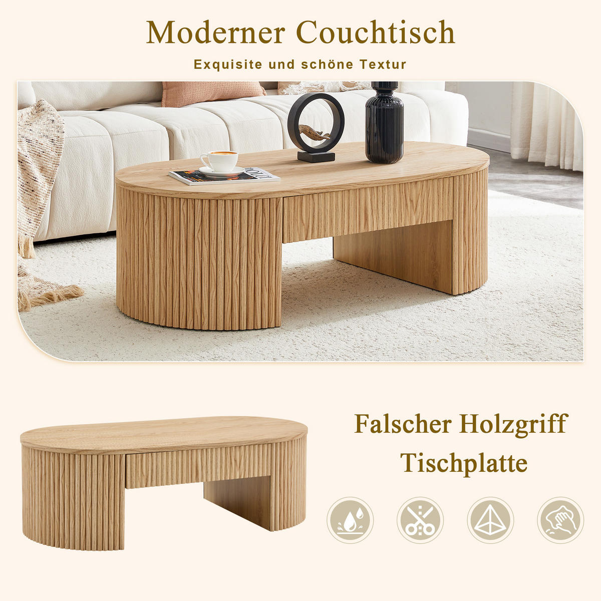 COUCHTISCH Oval Eichenoptik mit Schublade & Fluted Design - Naturfarben, Holzwerkstoff (54/105/38cm) - Urban Meuble